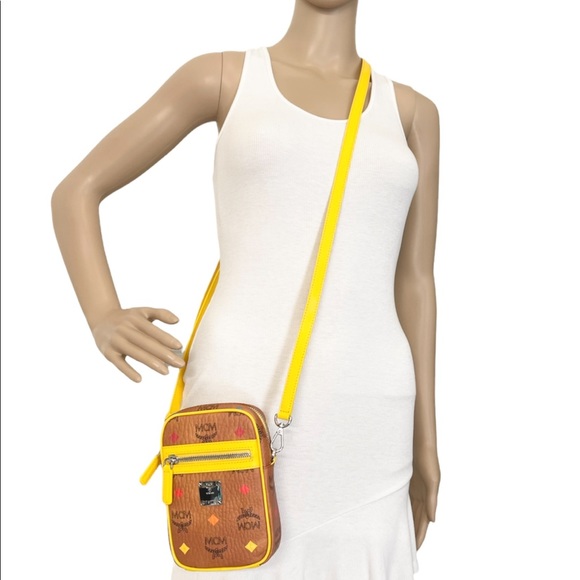 MCM Mini Multifunctional Cognac and Yellow Leather Logo Crossbody Bag - Picture 4 of 13